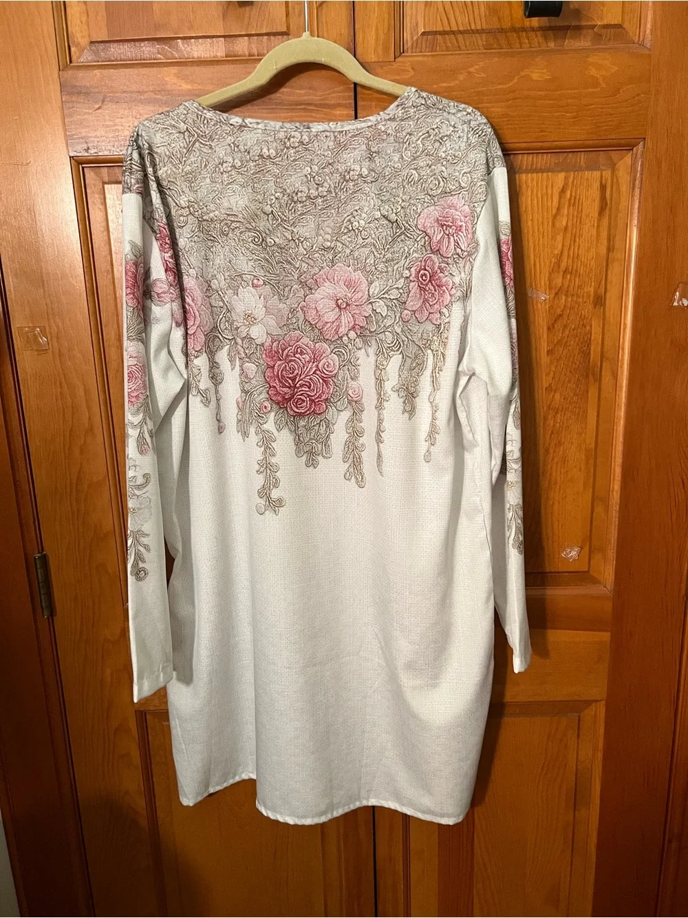Women's White Tunic with Pink Floral Embroidery